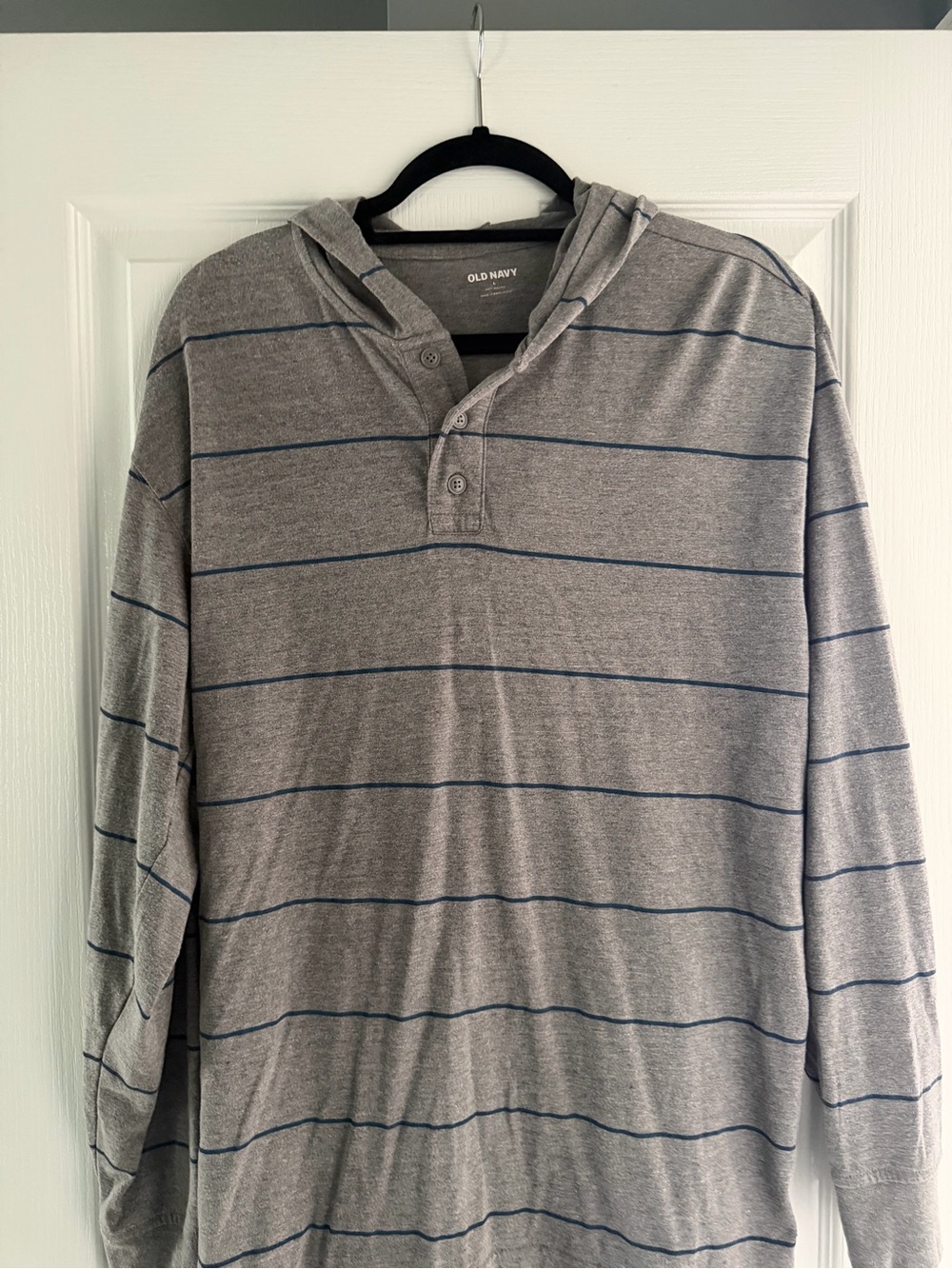 Old Navy Gray Hooded Henley with Thin Blue Stripes